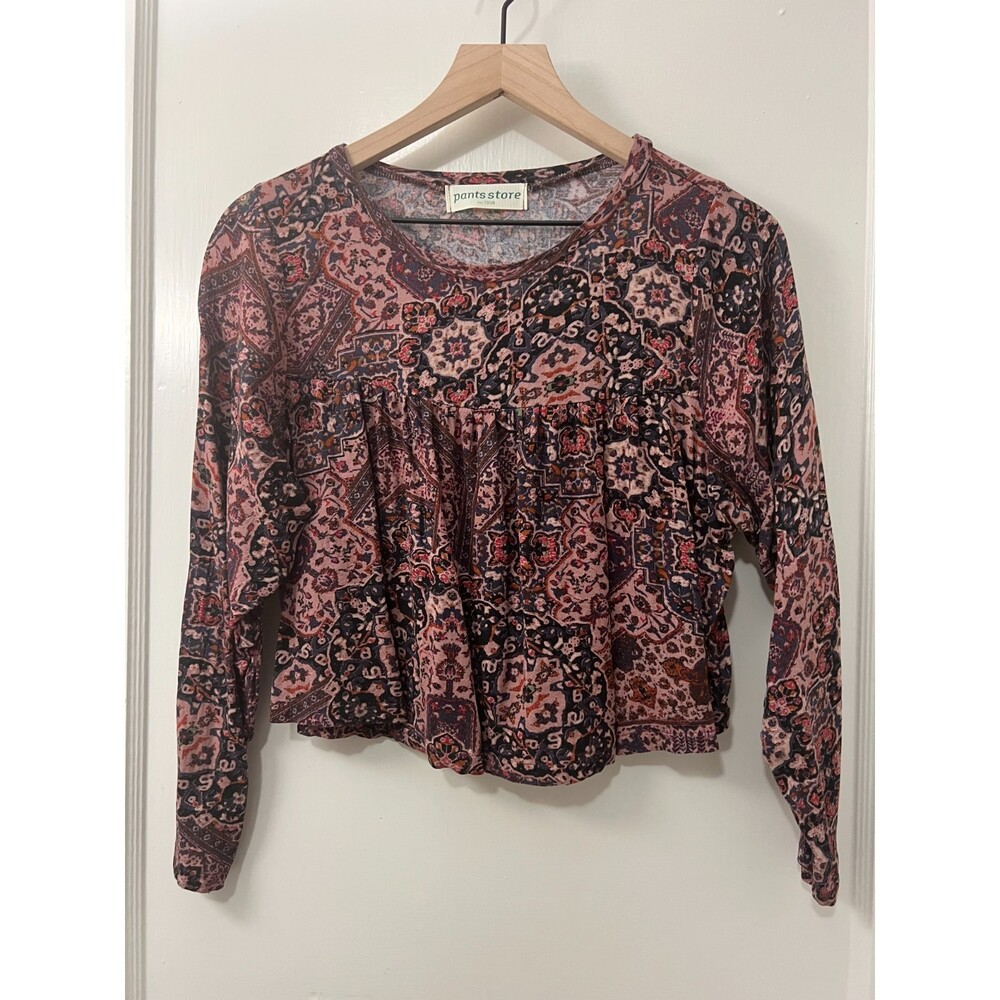 Pants Store Boutique Women's Pink Blue Black Print Crop Long Sleeve Top Size S